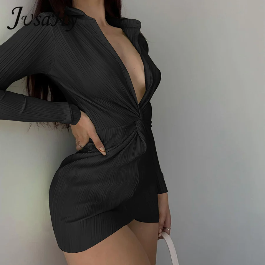 

JuSaHy Sexy Solid Mini Dresses Women Solid Deep V-Neck Cleavage Slim Skirts Ruched Long Sleeve Streetwear Midnight Club Hipster