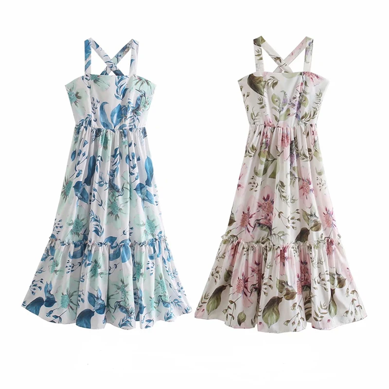 

XEASY 2021 Summer Women Flower Print French Style Dress Bow Sleeveless Suspender Skirt Ladies Holiday Style Midi Dress Vestidos