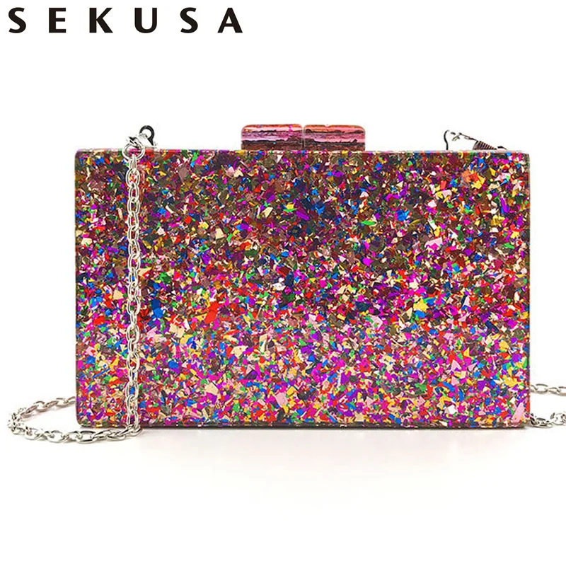SEKUSA женский клатч с блестками в богемном стиле золотистой цепочкой сумки через