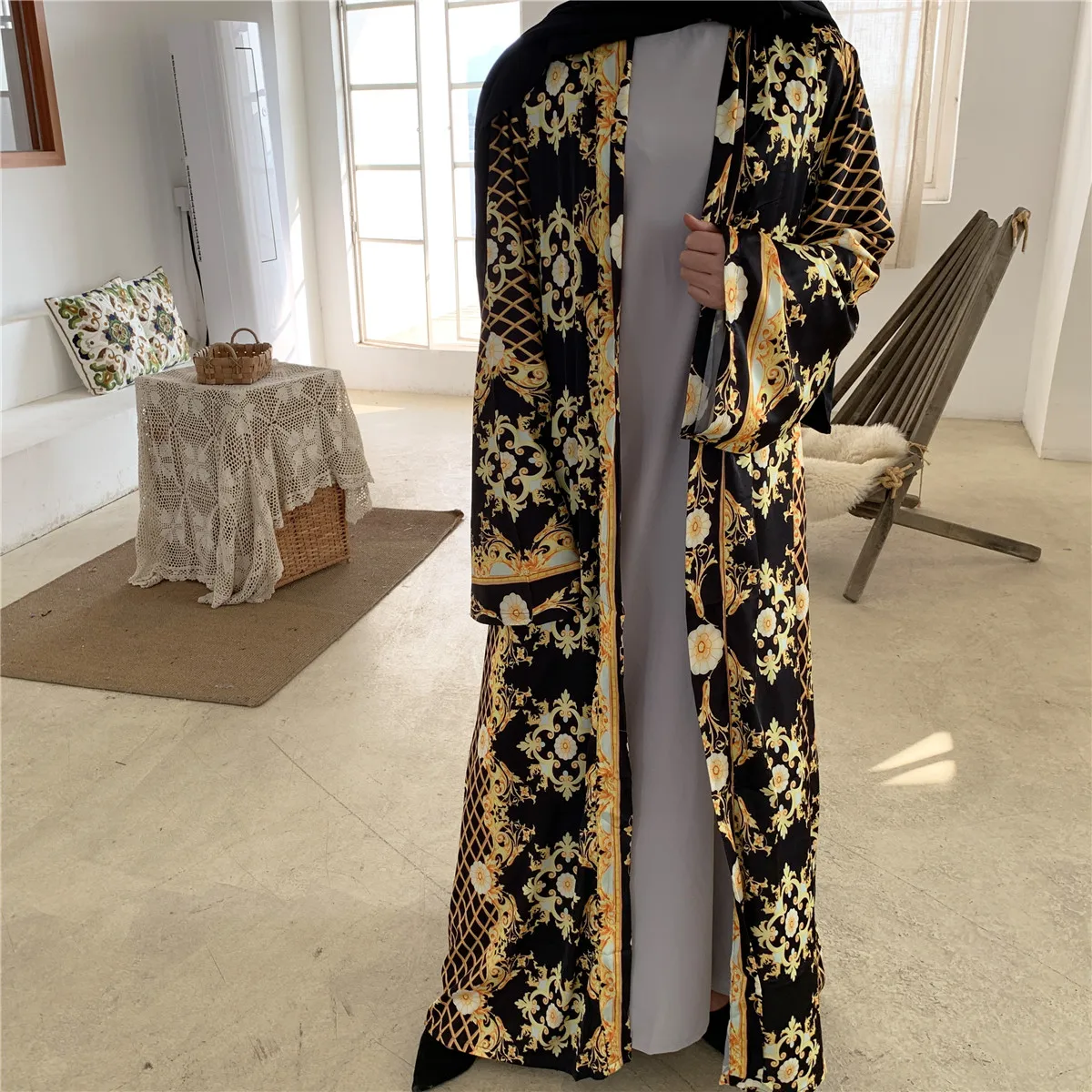 Летний кардиган с принтом для женщин Мусульманский Исламский шифон открытый