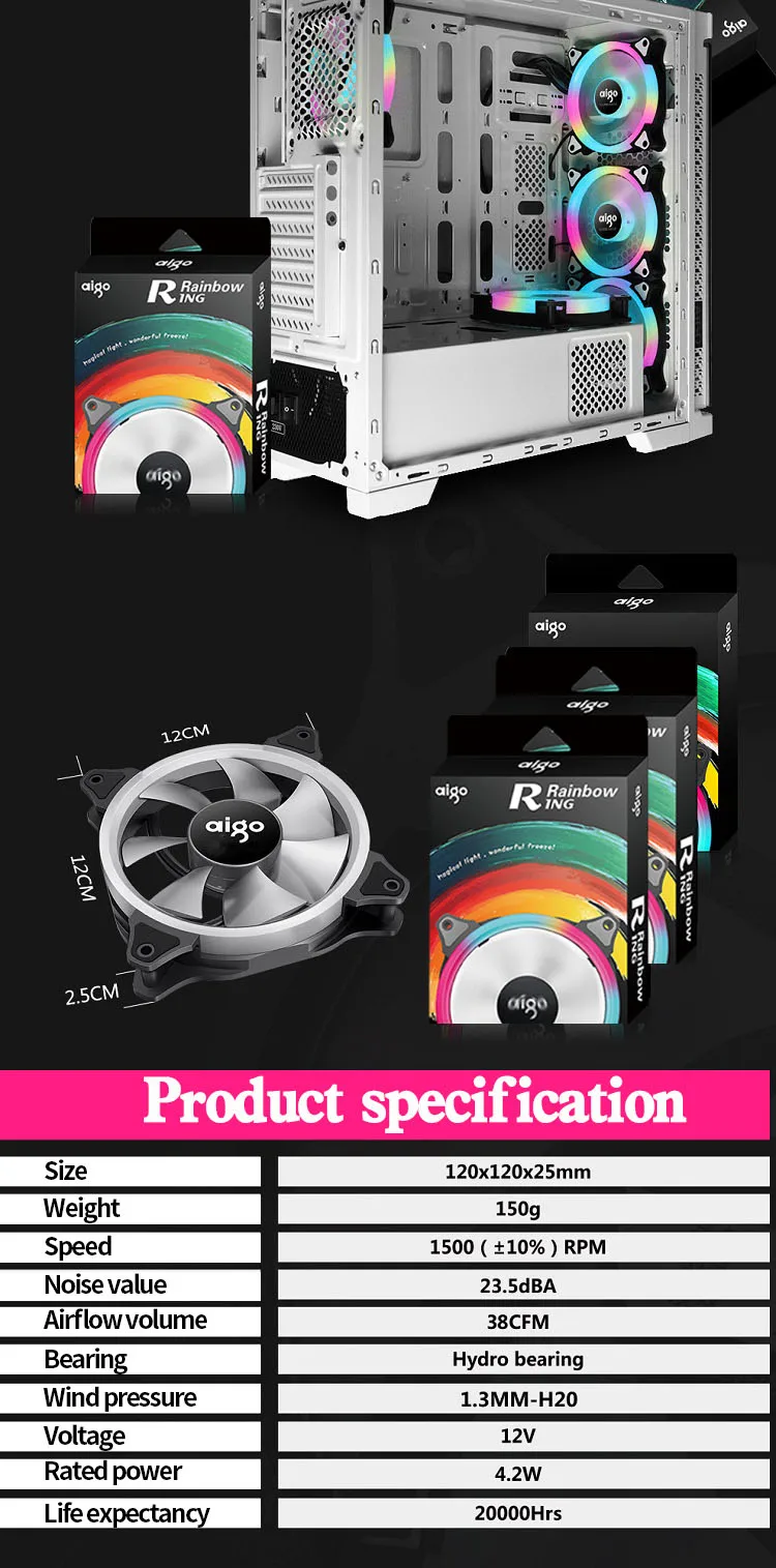 Aigo Aurora rainbow 120 мм вентилятор 3pin+ 4Pin светодиодный вентилятор компьютерное охлаждение 12 в бесшумный процессор радиатор установка простой игровой вентилятор