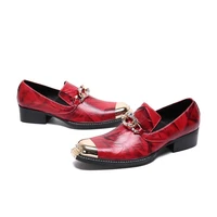 2021 new mens spring summer leather print loafers british square toe red dress wedding shoes