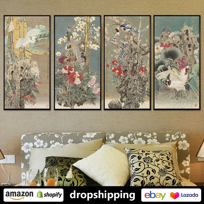 

Flower And Bird Chinese Retro plant posters prints canvas paintings wall art for living room decor for bedroom aesthetic Artwork