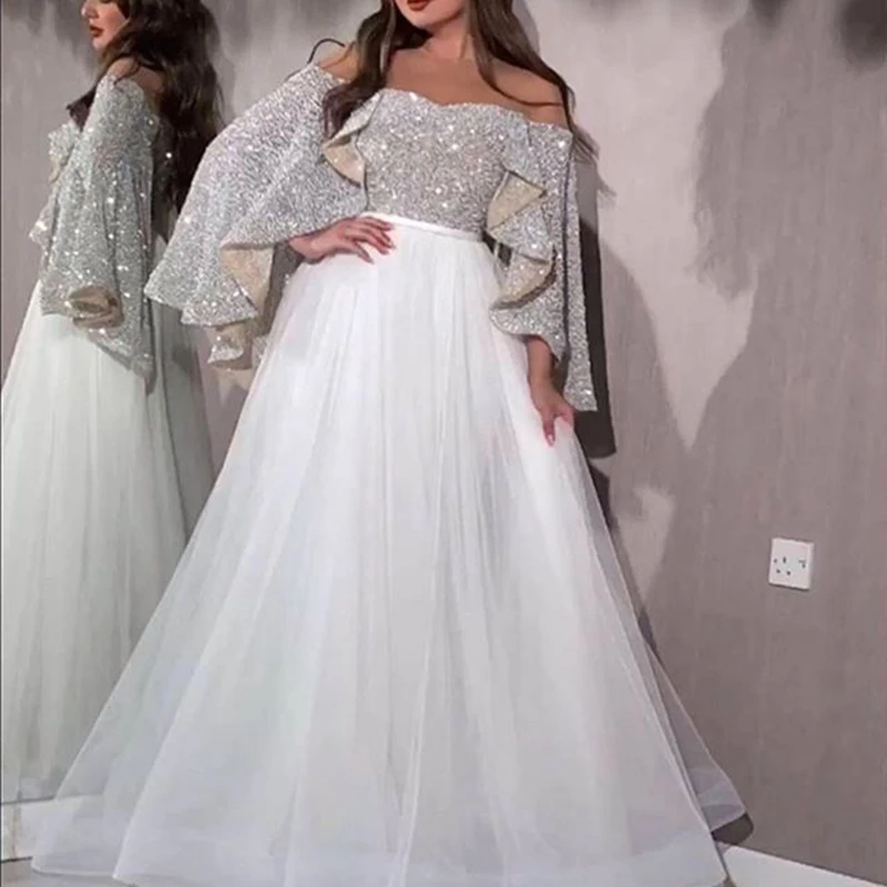 Женское вечернее платье с блестками ТРАПЕЦИЕВИДНОЕ Тюлевое в пол большие