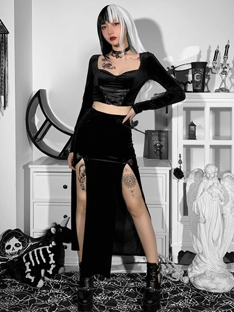 Винтажная черная бархатная юбка InsGoth с разрезом эстетичная Сексуальная