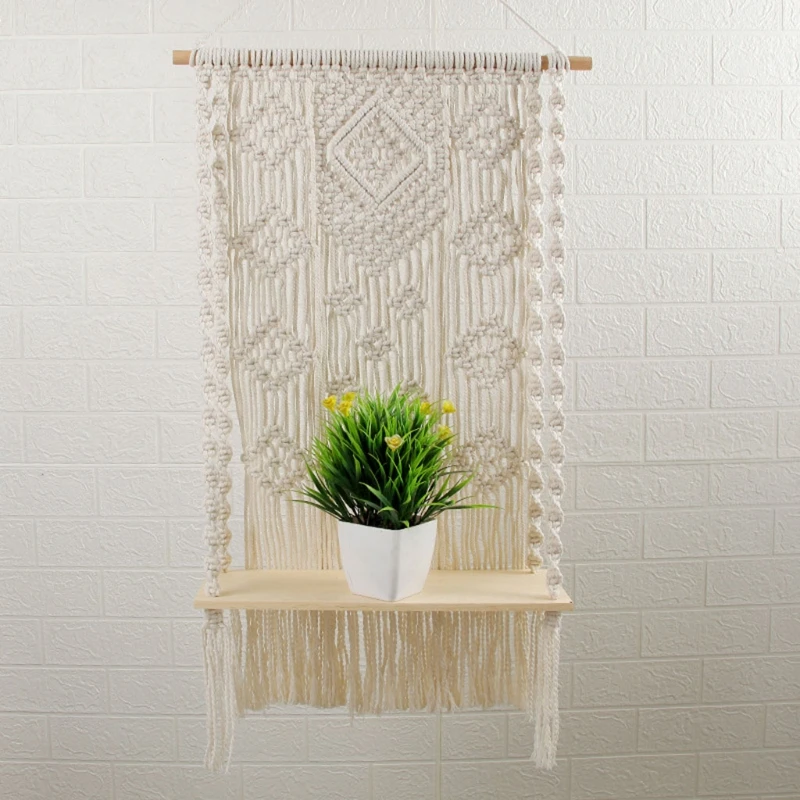 

Macrame Wall Hanging Shelf Boho Style with Floating Wood Shelf Handmade Plants Organizer Hanger Decor X7XD
