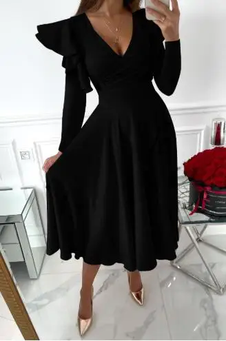 

2022 European and American Women Fall Fashion Pure Color Elegant Office VestidosV Neck Ruffle Slim Party Dresses