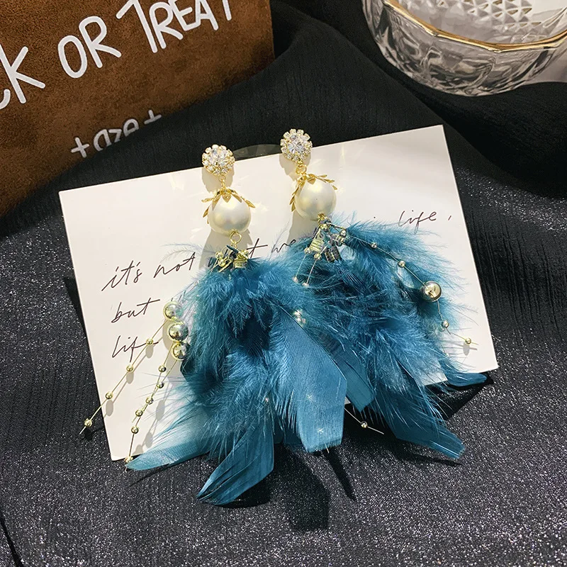 

925 silver needle feather Tassel Earrings autumn and winter new jewelry Pearl Rhinestone super fairy exaggerated long earrings