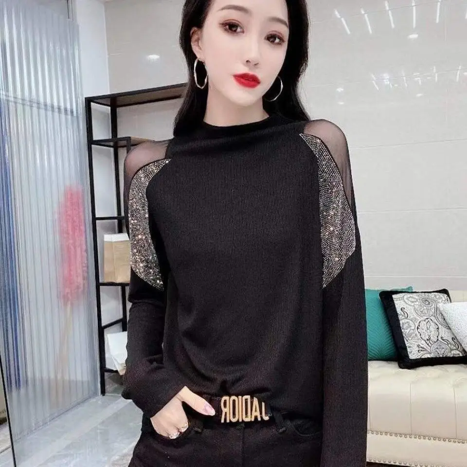 

New mesh stitching and diamond inlaid long sleeve bottoming shirt 2021 spring half high collar T-shirt