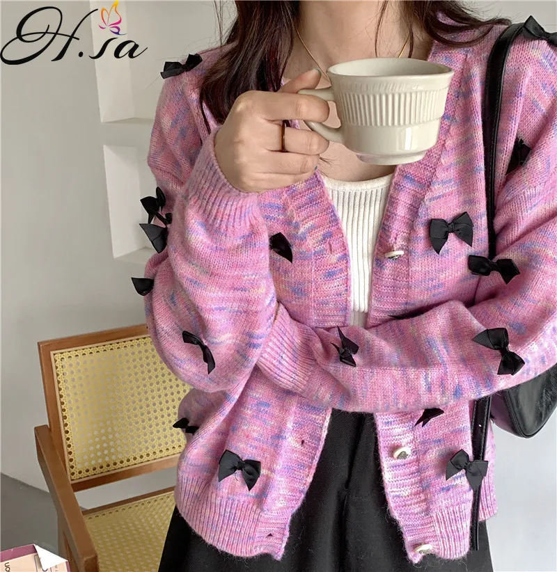

Hsa Sweet Girls Sweater Women's Coat Cardigan 2021 Autumn New Korean Style Bow Tied Loose Sweater Jackets Winter Knitted Top