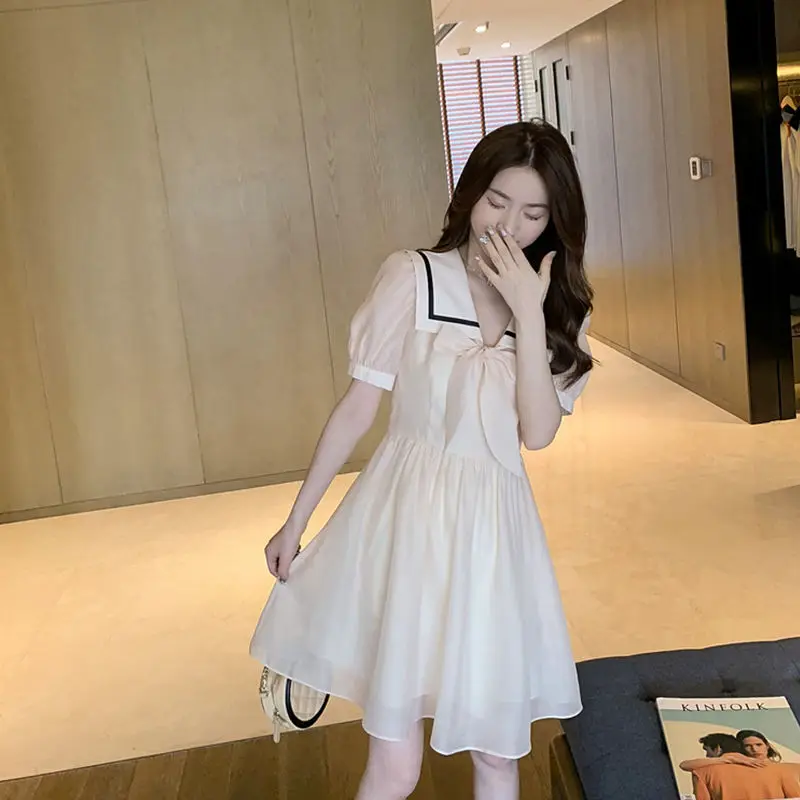 

Women's Dress For Spring Summer Style Thin Section A-Line Sailor Collar Puff Sleeve Fashion Design Ladies Dress SS3191