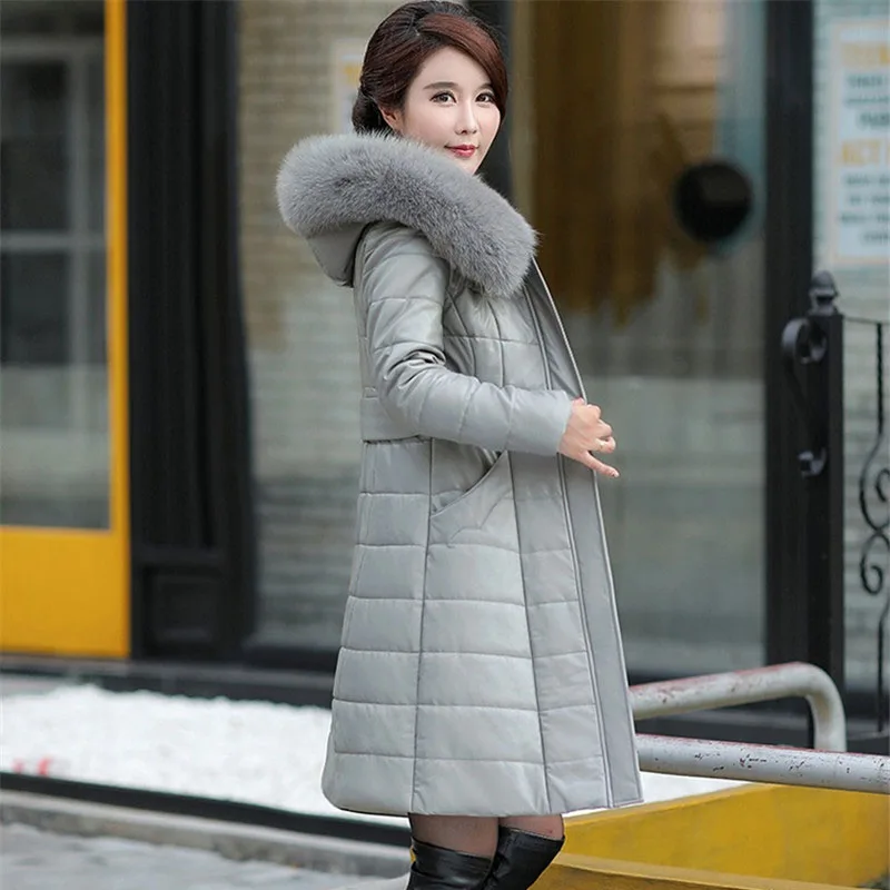 Women 2021 Thicken Warm Hooded Outerwear Leather Coat Down Cotton Jacket Female Winter Parkas