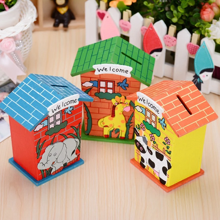 Деревянная коробка для хранения денег в форме домика детская мультяшная копилка