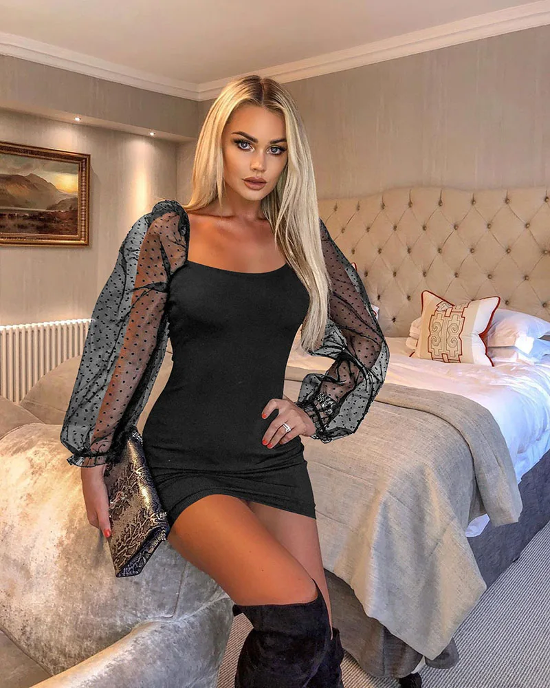 Платье с пышными рукавами женское платье квадратным вырезом в горошек Сетчатое