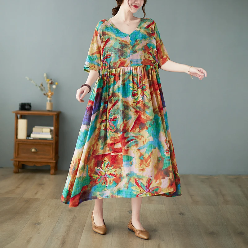 

Plu Size Summer Dresses For Woman One-Piece Cotton Linen Boho Beach Long Casual Dress Elegant Floral Printing Sundress Oversize
