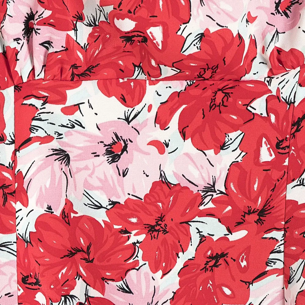 

2021 New Arrivals Women Elegant Square Neck Long Sleeve Ruched Floral Dress