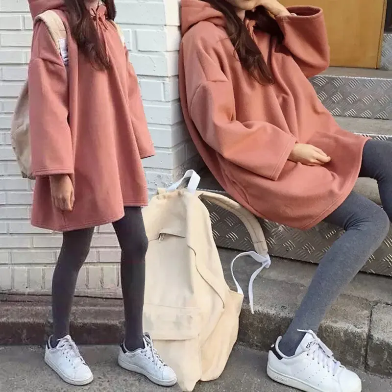 Осенние свободные однотонные Топы с длинным рукавом и капюшоном пальто Женский