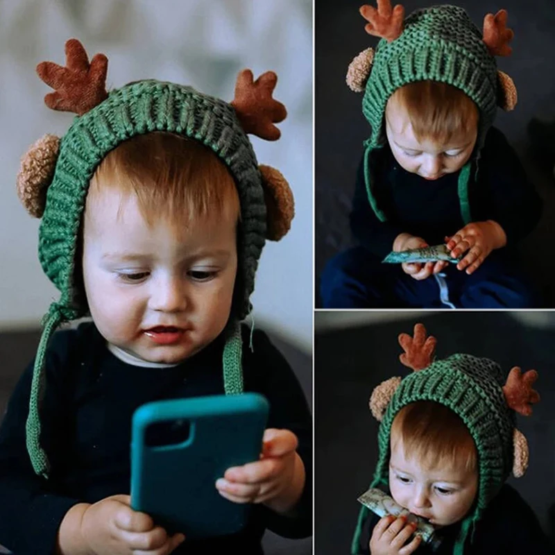 

Рождественские детские шапки-бини с ушками лося, шапки, милые Хлопковые вязаные шапочки с ушками оленя, шапки для мальчиков и девочек, зимни...