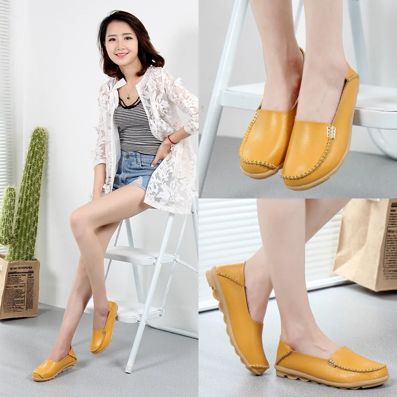2020 Autumn Women Flat Shoes Genuine Leather Ballet Flats Shoes Cutout Flats Ladies Slip On Loafers Nurse Boat Shoes