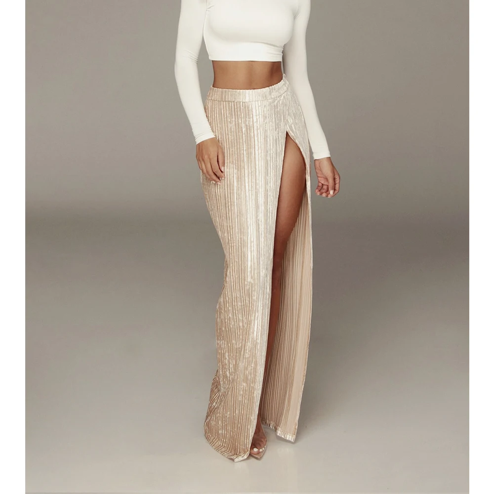 

2021 Spring Velvet Maxi Skirt Reflective Pleated Skirt High Split Glitter Solid Color Sexy Party Skirt Vintage Elegant Vestidos