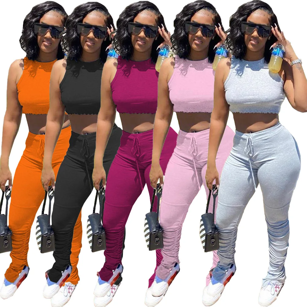 

2021 Summer Women's Sexy Casual Sports Slim Solid Color Belt Flared Pants Two-Piece Suit