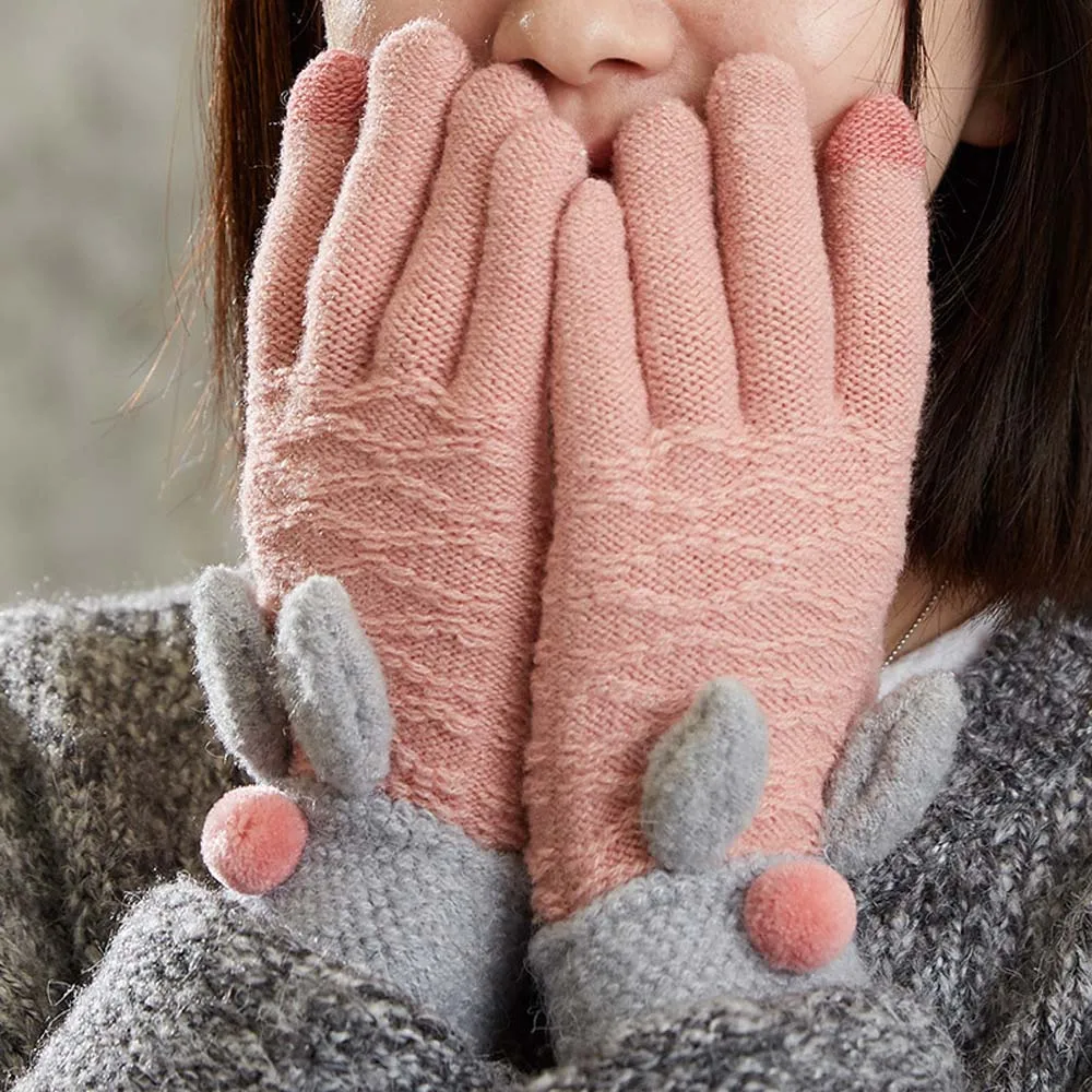 Женские вязаные перчатки с заячьими ушками 1 пара теплые зимние плотные