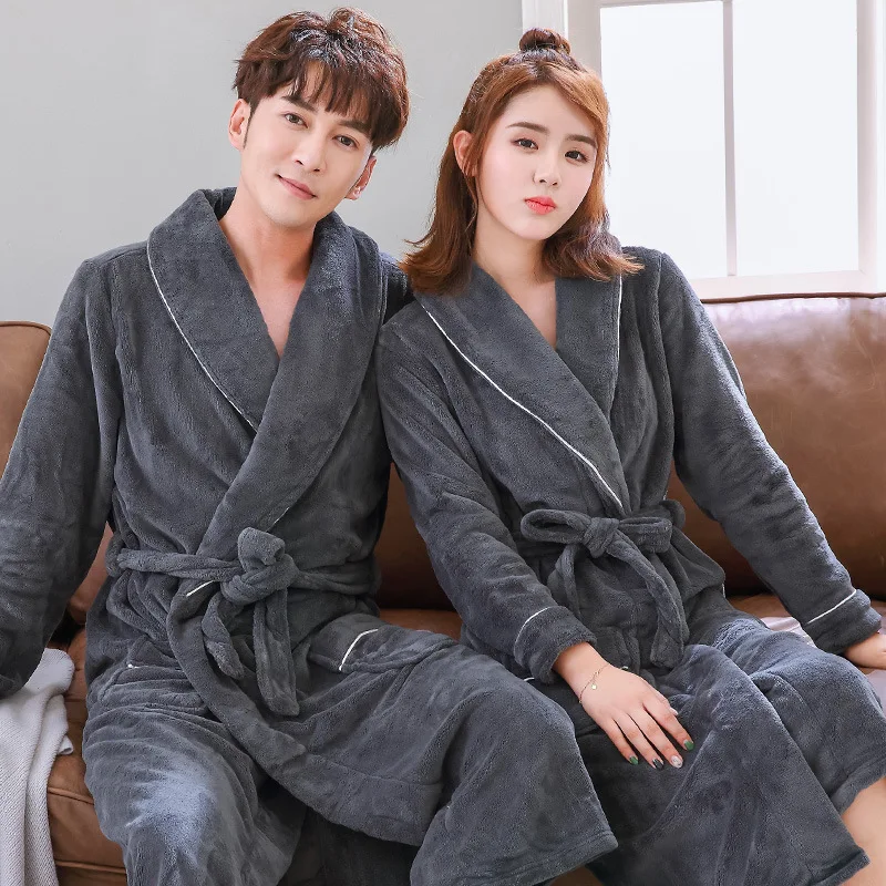 

Женская зимняя утепленная одежда для сна халат для пар из кораллового флиса, фланелевый Халат-кимоно с отворотом и поясом, одежда для отдыха