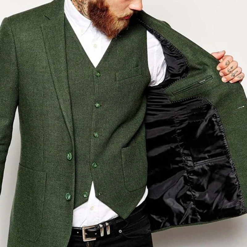 Goedkoop 2021 Nieuwste Jas Broek Ontwerpen Groen Tweed Mannen Pak Bruiloft Kostuums Voor Mannen Terno Custom Kostuum Smoking 3 Stukken Blazer Masculino