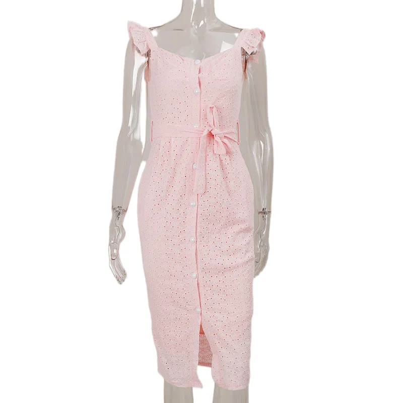 

Elegant Ruffled Bodycon Women 2021 Summer Dress White Lace Up Sexy Midi Vestidos Sleeveless Female Dresses Buttons Belt Robe New