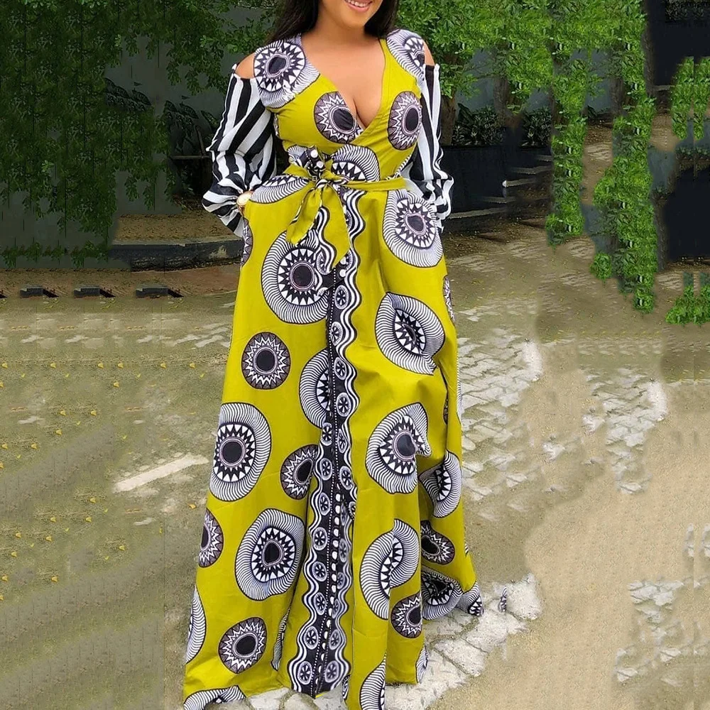 Длинное платье с принтом и поясом сексуальные женские вечерние платья для