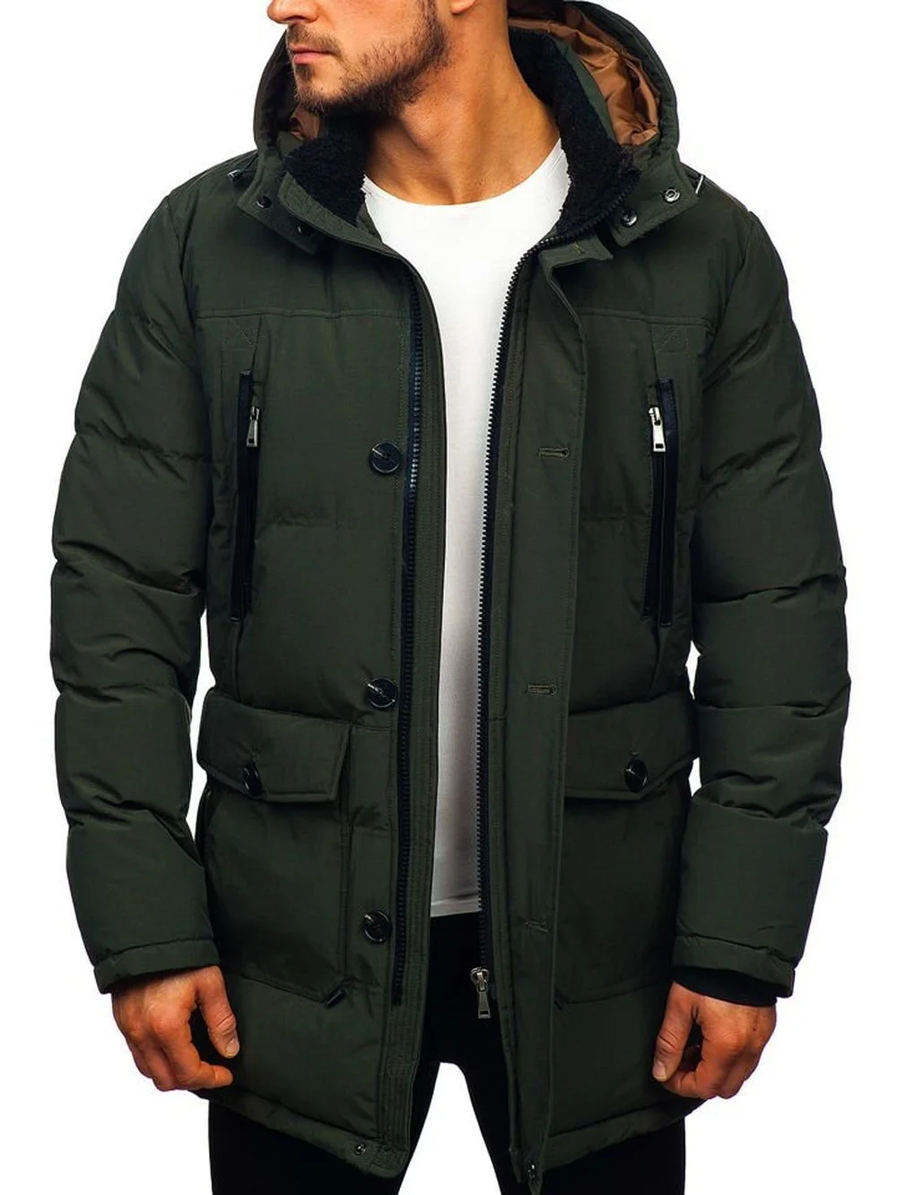 

Fashionable Men's Zipper Hooded Long Warm Cotton Jacket