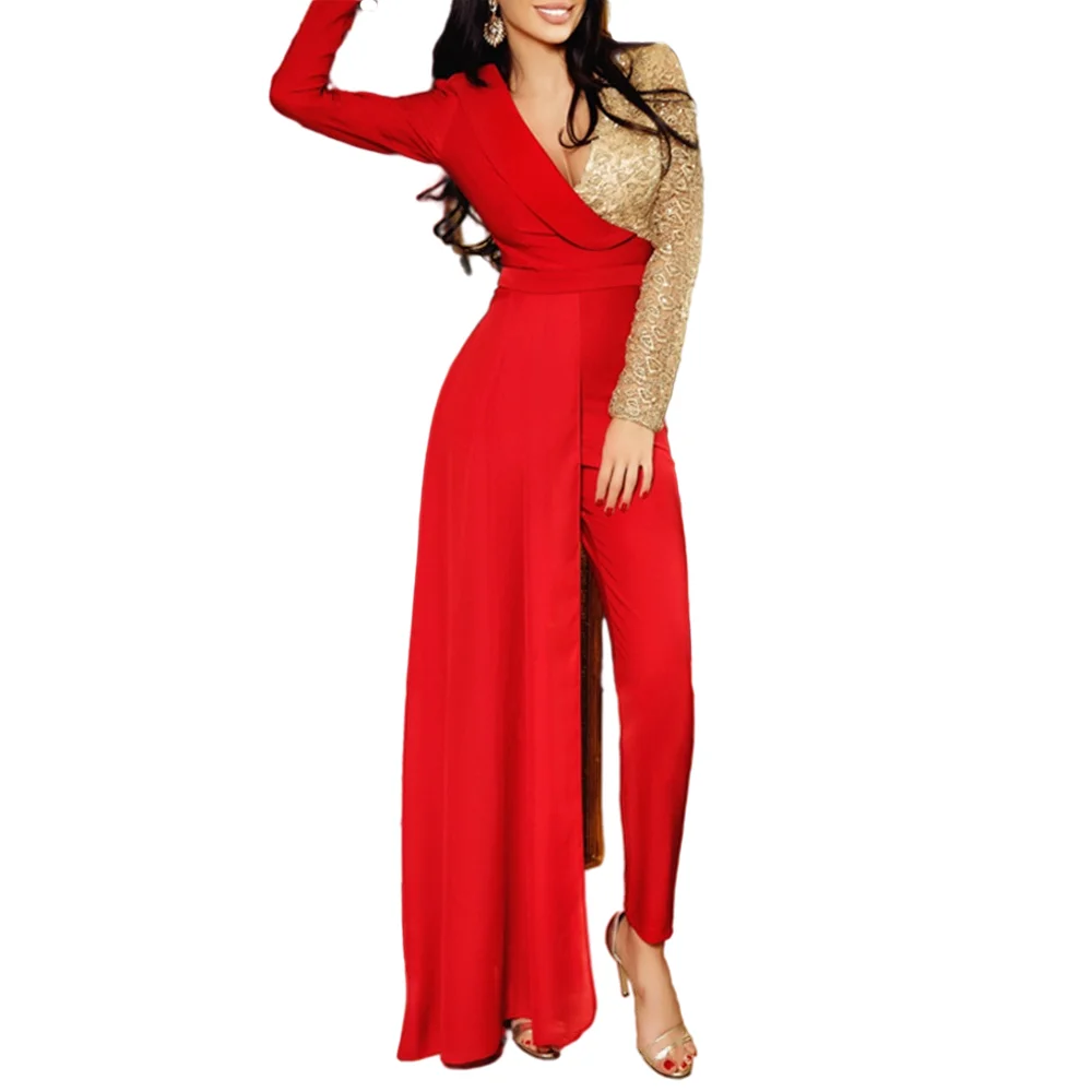 Sexy Womens Jumpsuit Rompers V Neck Elegant Lady Jumpsuits Patchwork Long Pants Trouser Jumpsuit