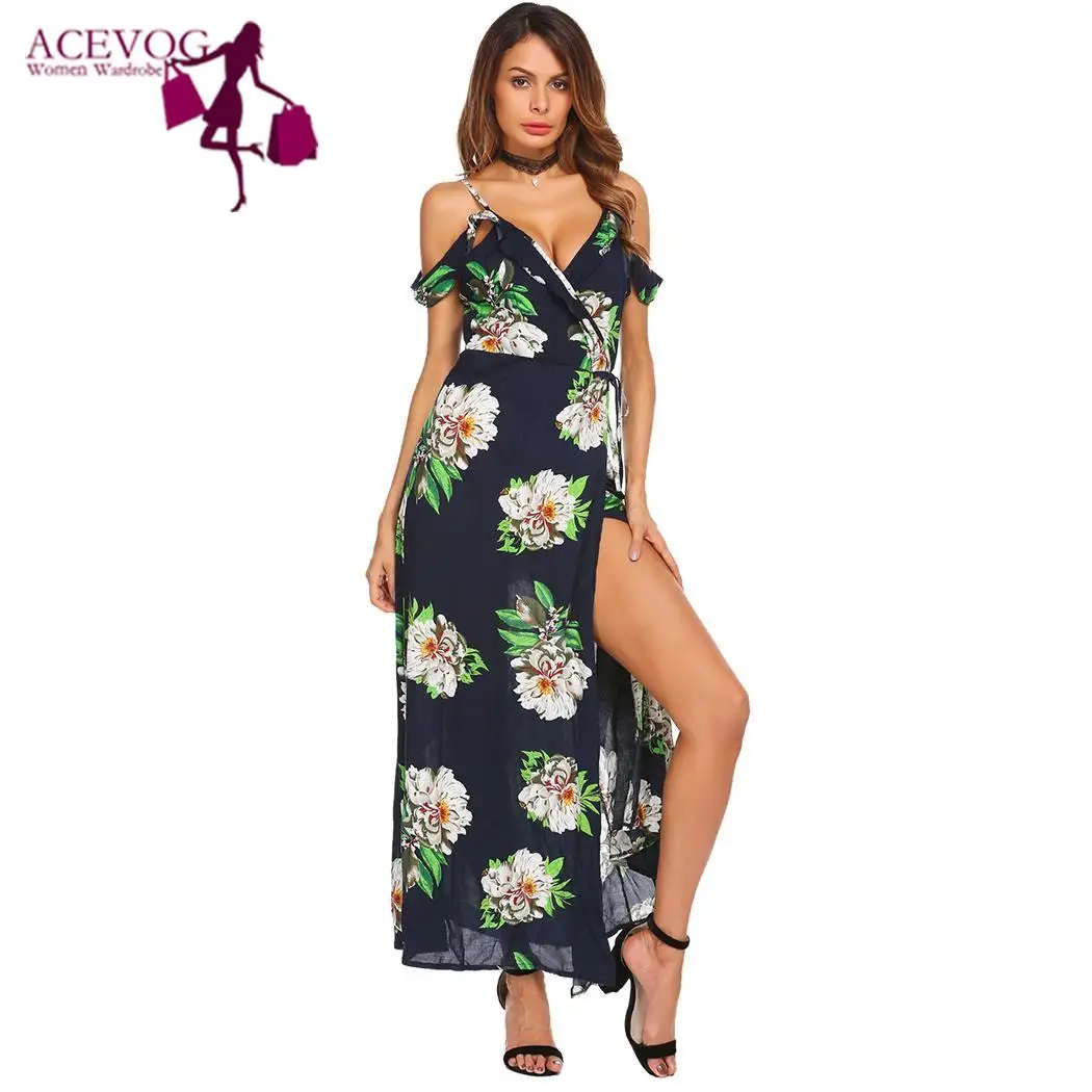 Женское платье с принтом ACEVGO длинное вечернее глубоким v-образным вырезом