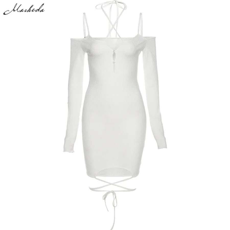 

Summer Solid Sexy Hollow Out Dress Women Fashion Halter Slim Long Sleeve Clothing Knitting Lady Mini Dresses 2021 New