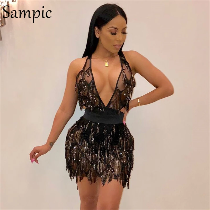 Sampic сексуальные женские простые тонкие с поясом кисточками вечерние Клубные
