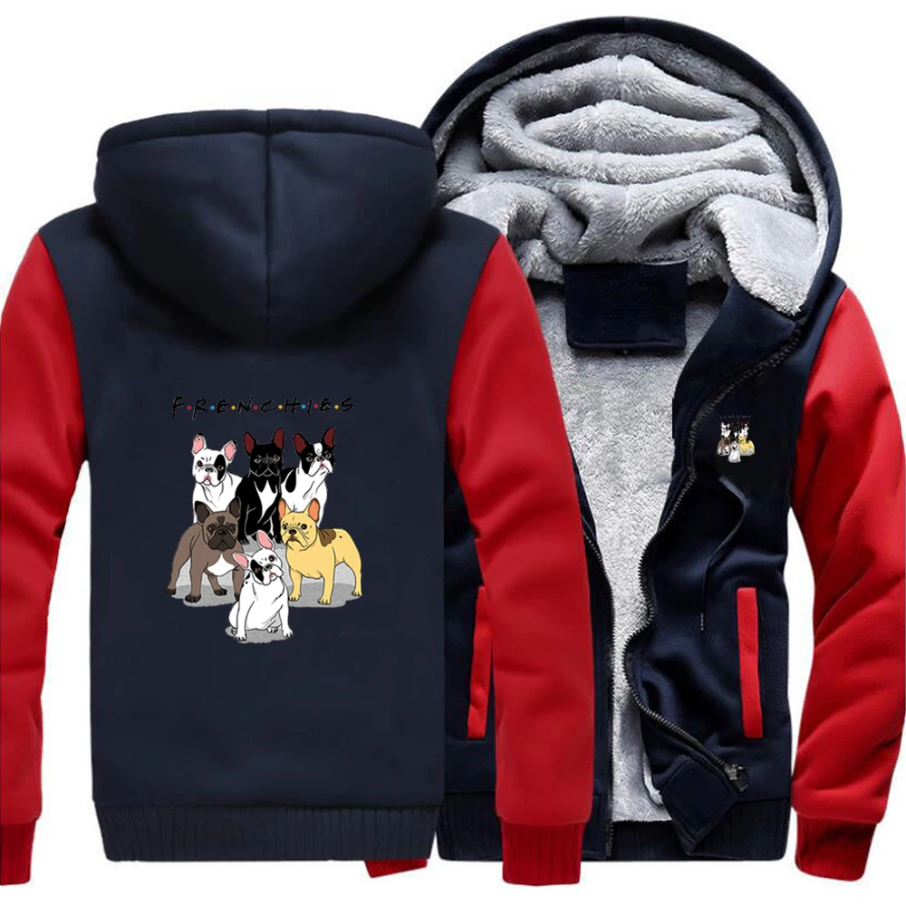 

FRENCHIES Kawaii Animal Six Bulldog Casual Outdoor Hoodies Coat Men Printed Street Sweatshirt Winter Warm Thick Fitted Jackets