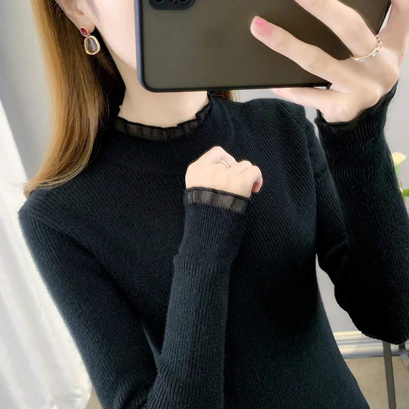 И Зимний новый свитер Женская Облегающая рубашка Женский пуловер с кружевом