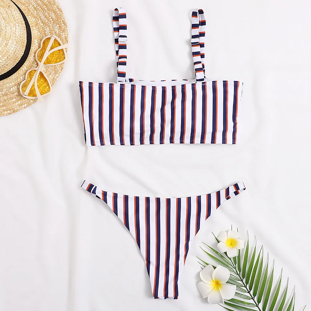 

Bikini 2021 Women Colorful Striped Bikini Set Summer Bandage Push Up Swimsuits Brazilian Biquini Set Ladies Swimwear Beach Suits