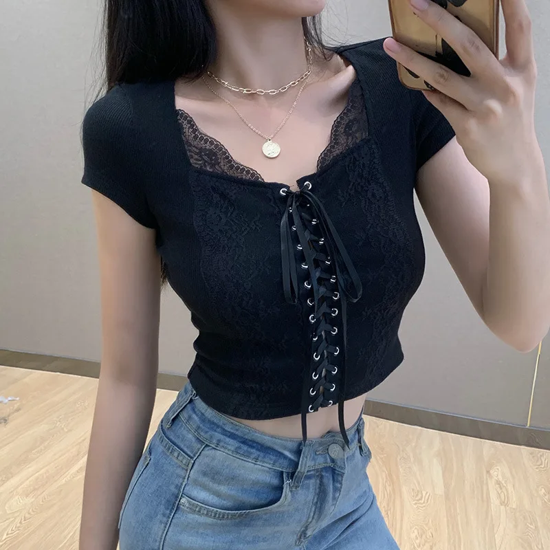 

Летняя и осенняя Сексуальная кружевная женская футболка с коротким рукавом, Повседневный пуловер, топы, облегающая модная Базовая рубашка, ...
