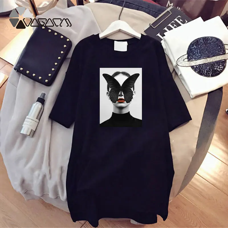 Летние женские платья Повседневная Свободная черная женская футболка с