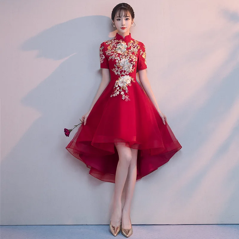 

Asymmetrical Sexy Lady Cheongsam Burgundy Embroidery Floral Qipao Mandarin Collar Half Sleeve Banquet Chinese Style Dress