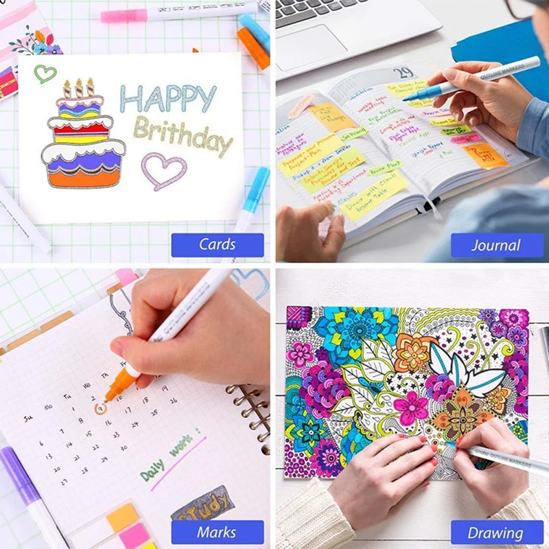 

12 Colors Outline Markers Flash Candy Color Pen Plastic Highlight Pen Childen Kids Arts Drawing Graffiti Highlighter Pens Kit