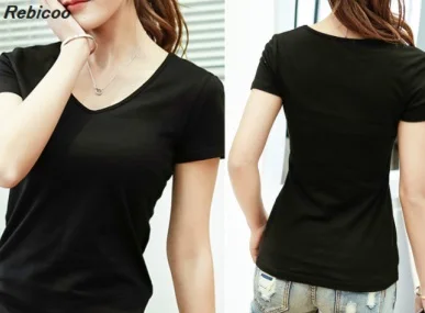 

Women's short-sleeved t-shirt Korean version of cotton solid color slim bottoming shirt was thin V-neck T-shirt XL women's cloth