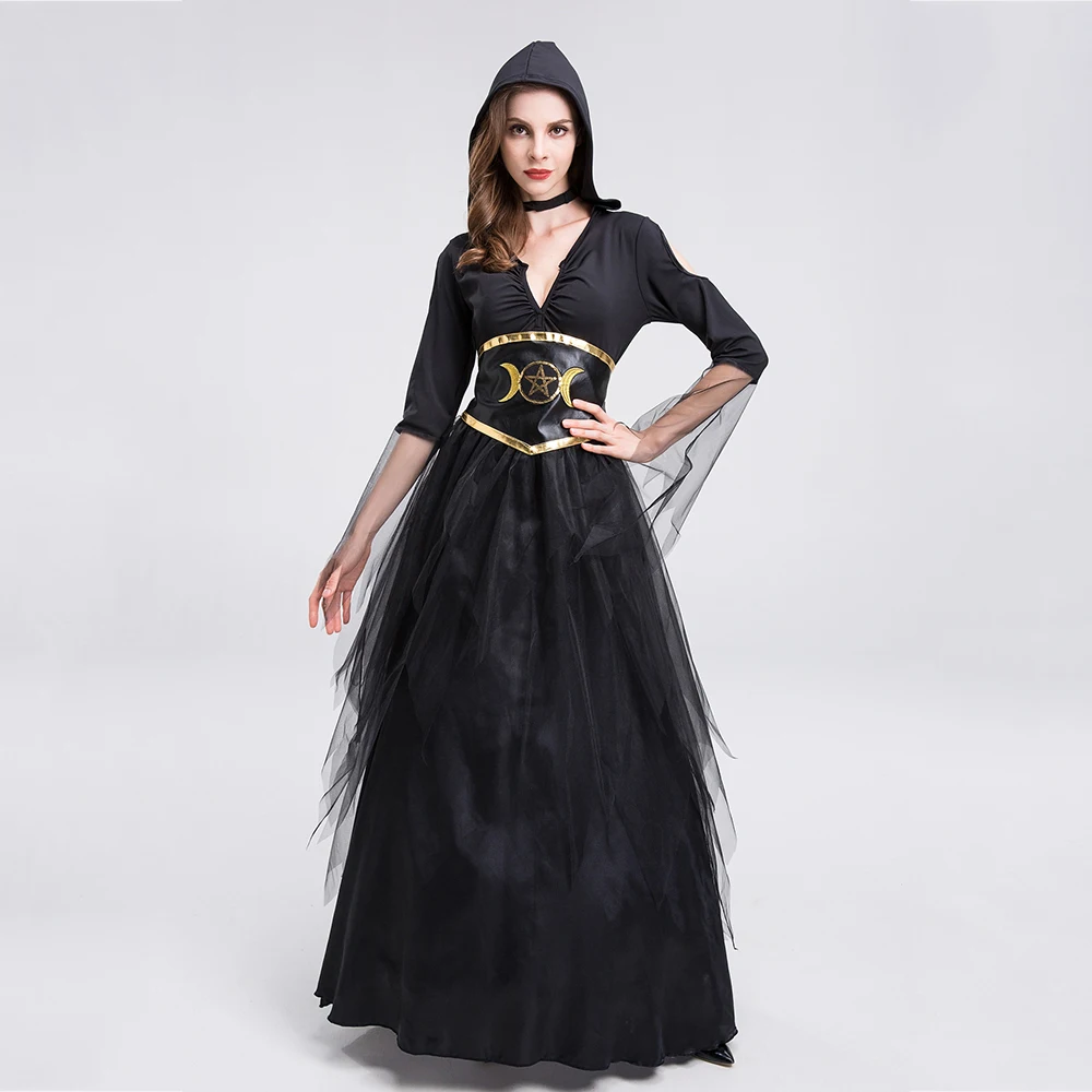 

2021 Women Halloween Vampire Costume Dresses Adult Fancy Party Black Evil Witch Cosplay