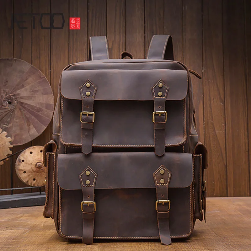 

Рюкзак AETOO из кожи Крейзи Хорс, Мужской Дорожный рюкзак в ретро-стиле, вместительная кожаная сумка для ноутбука
