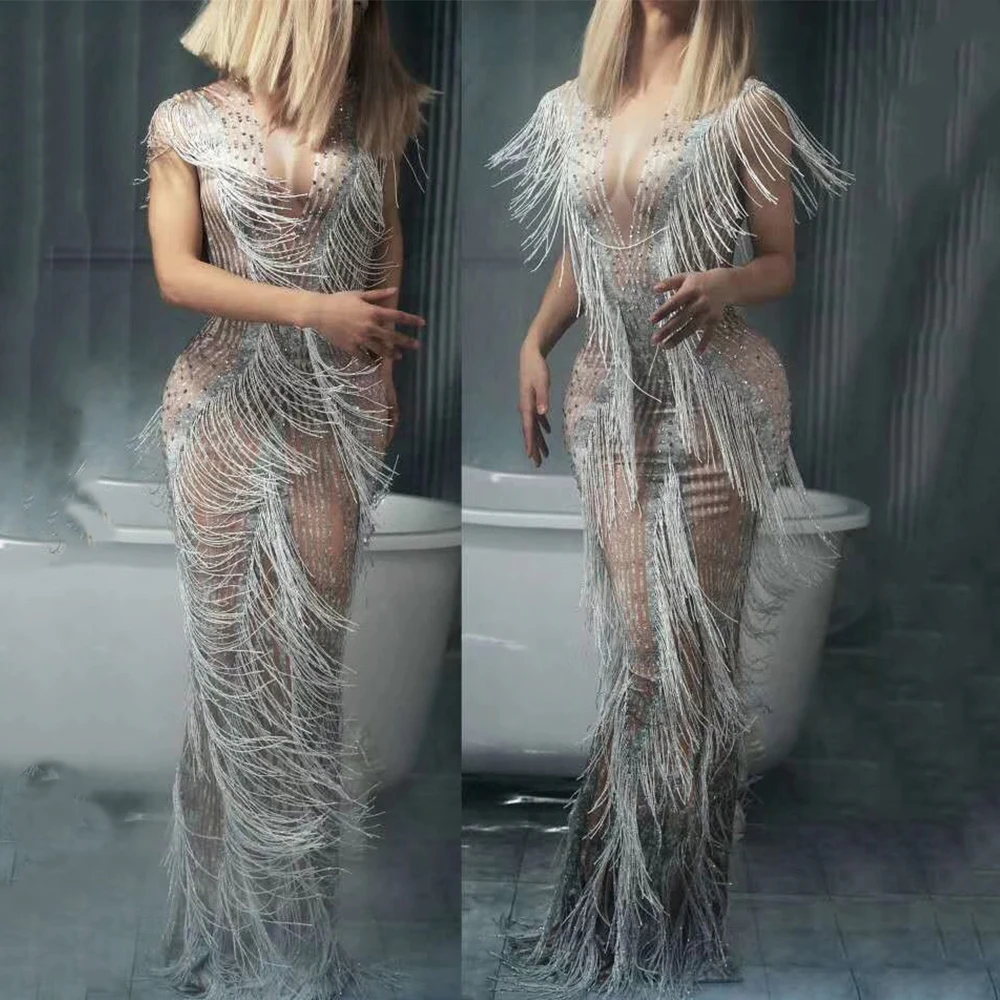 Блестящие платья Стразы с бахромой платье до пола разрезом и открытой спиной