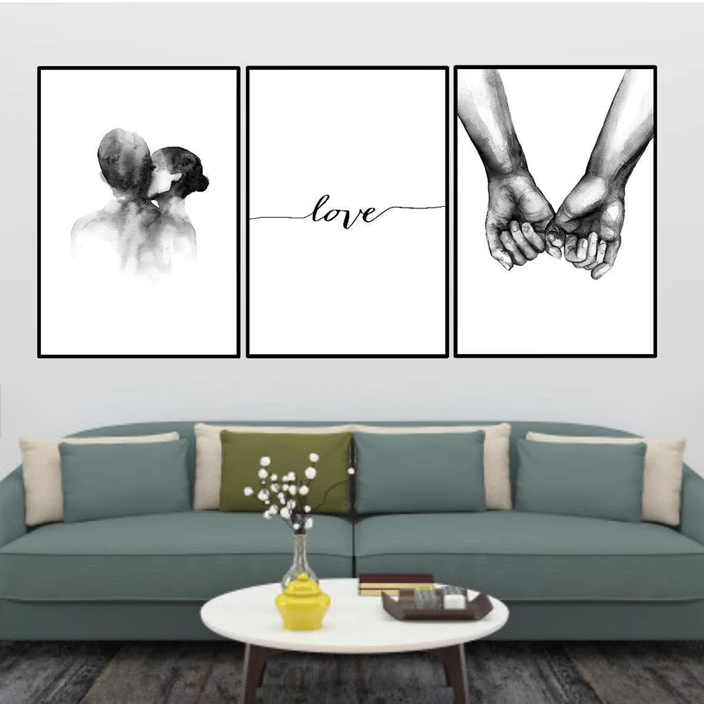 Черно-белый поцелуй для пары руки на стену художественный плакат холсте