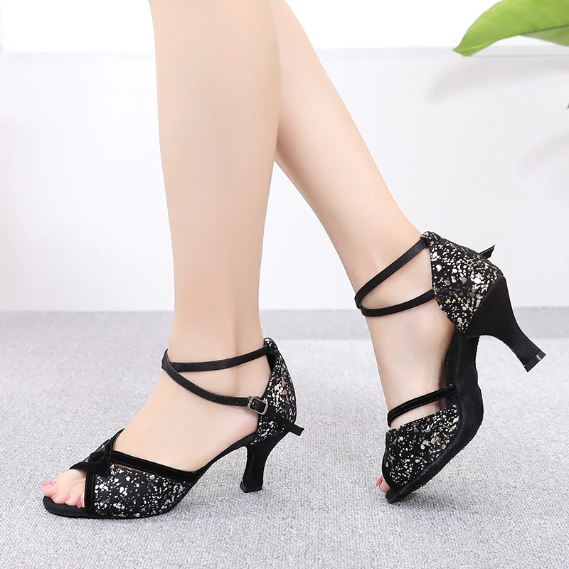 HROYL Women Dance Shoes Latin Girls Modern Tango Ballroom Ladies High Heel Soft Sole Dancing Shoes Professional Black Red