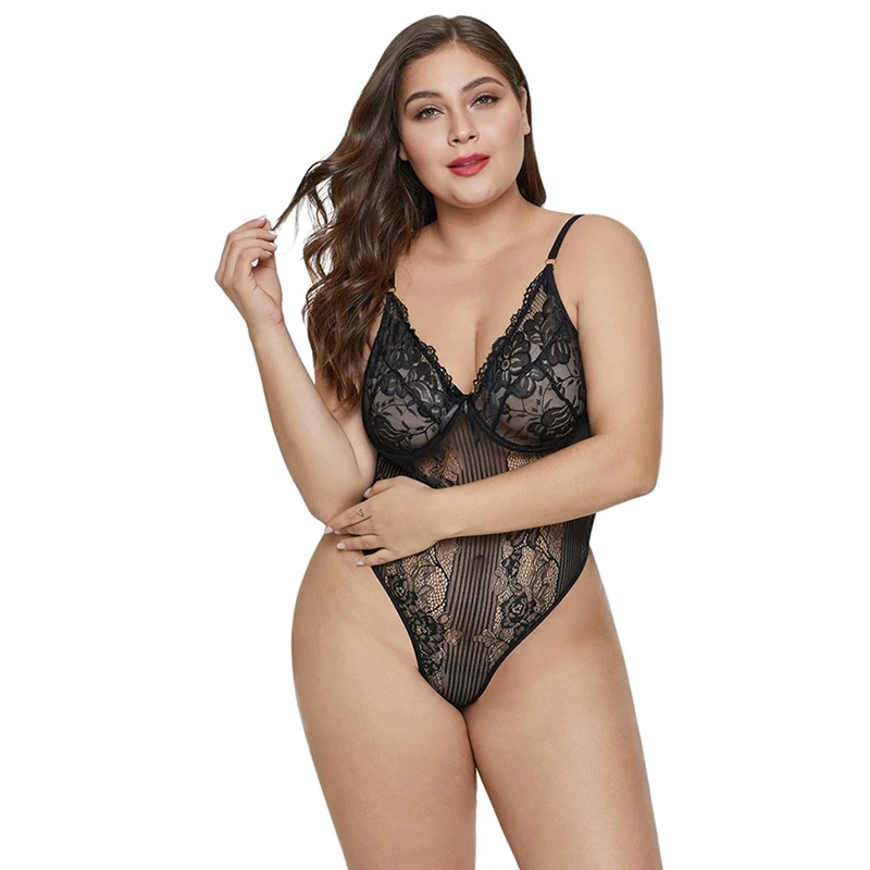 

Body Sexy See Through Floral Sheer Plus Size Lace Bodysuit Rompers Womens Jumpsuit