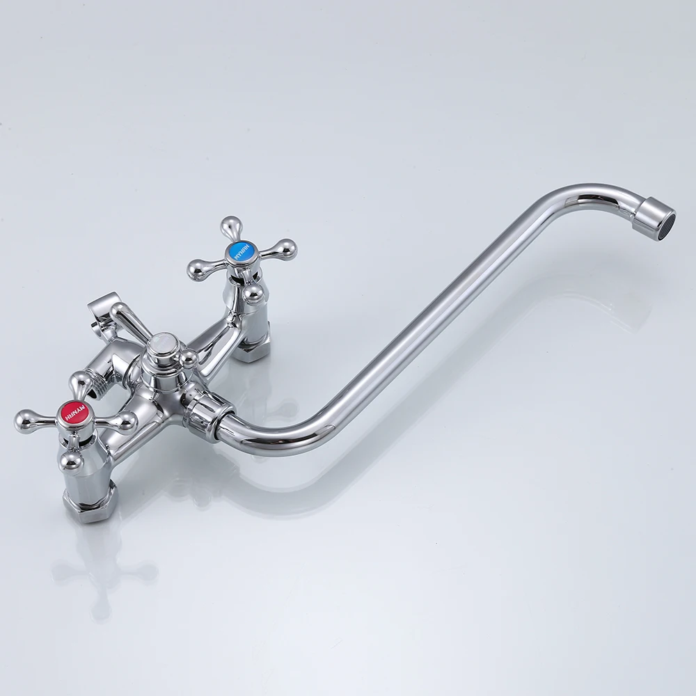 mynah chromed wall mounted long spout double handle bathtub shower faucet set bathroom water tap silver shower hand shower free global shipping